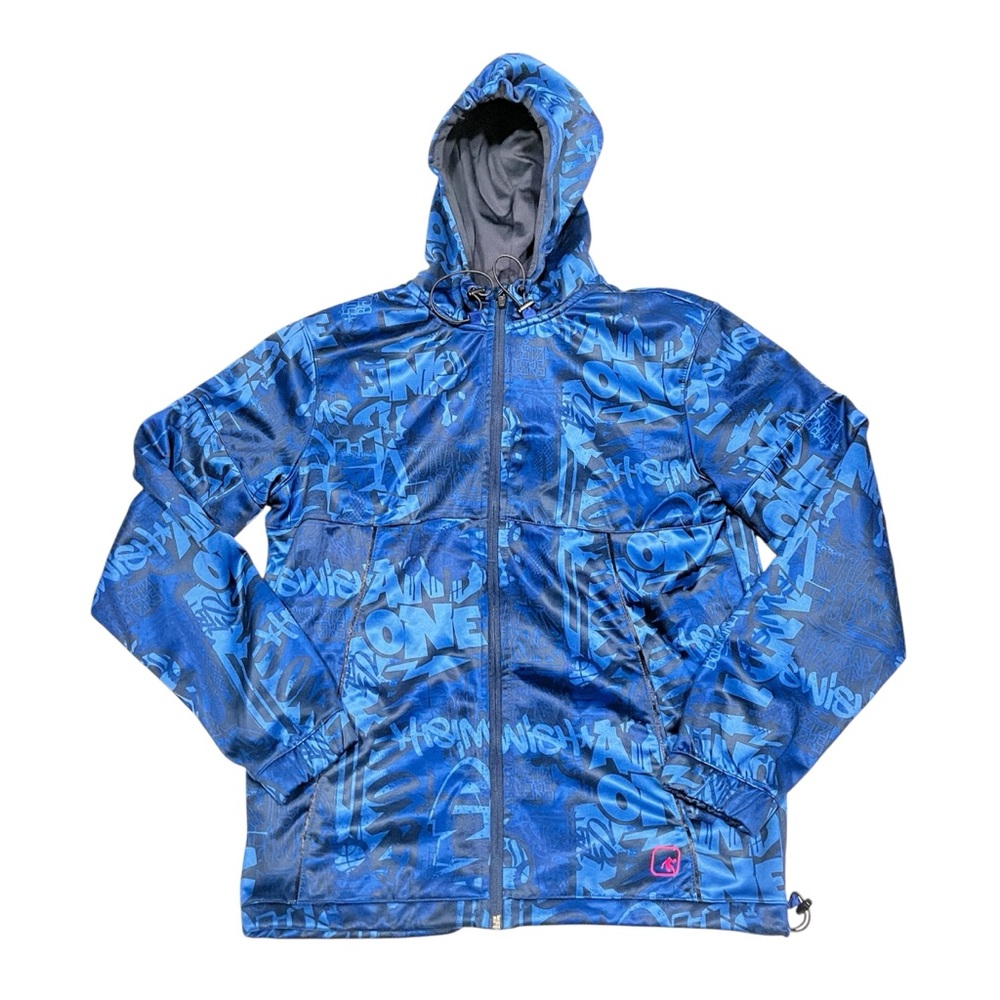 AND1 Adult Small Blue Basketball Graffiti Jacket Coat Zipper Pockets Clasp